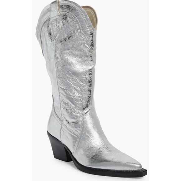 Dolce Vita Rasima Leather Metallic Silver Cowboy Boots Low Heeled Pointy Size 9 - Picture 1 of 9